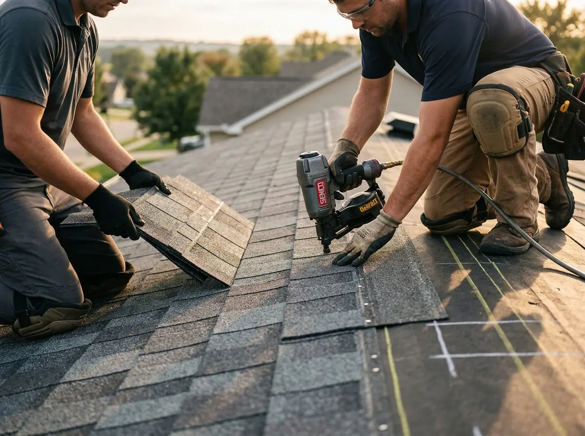 Professional roofer working on a residential roof in Pinehurst